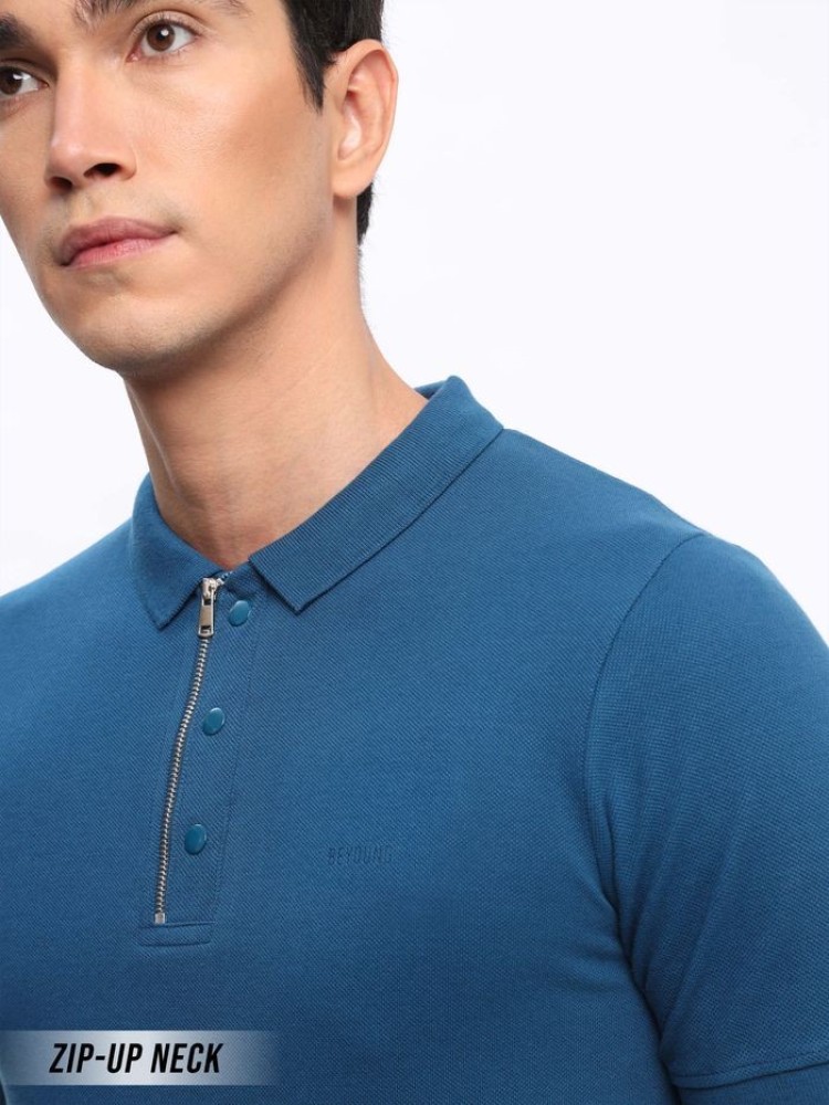 Teal Blue Zipper Mens Polo T-shirt